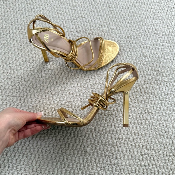 Zara Gold Lace Up Heeled Sandals - Picture 4 of 7